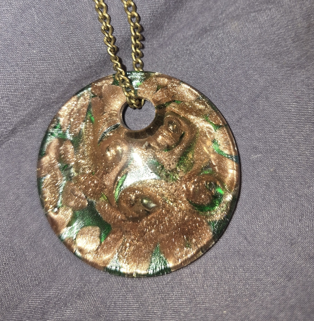 Round Swirl Resin Pendant Necklace in Metallic Bronze and Emerald
